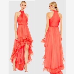 Mac Duggal Ruffle Tiered High Low Pleated Halter Neck Tangerine Gown SZ 10 55807